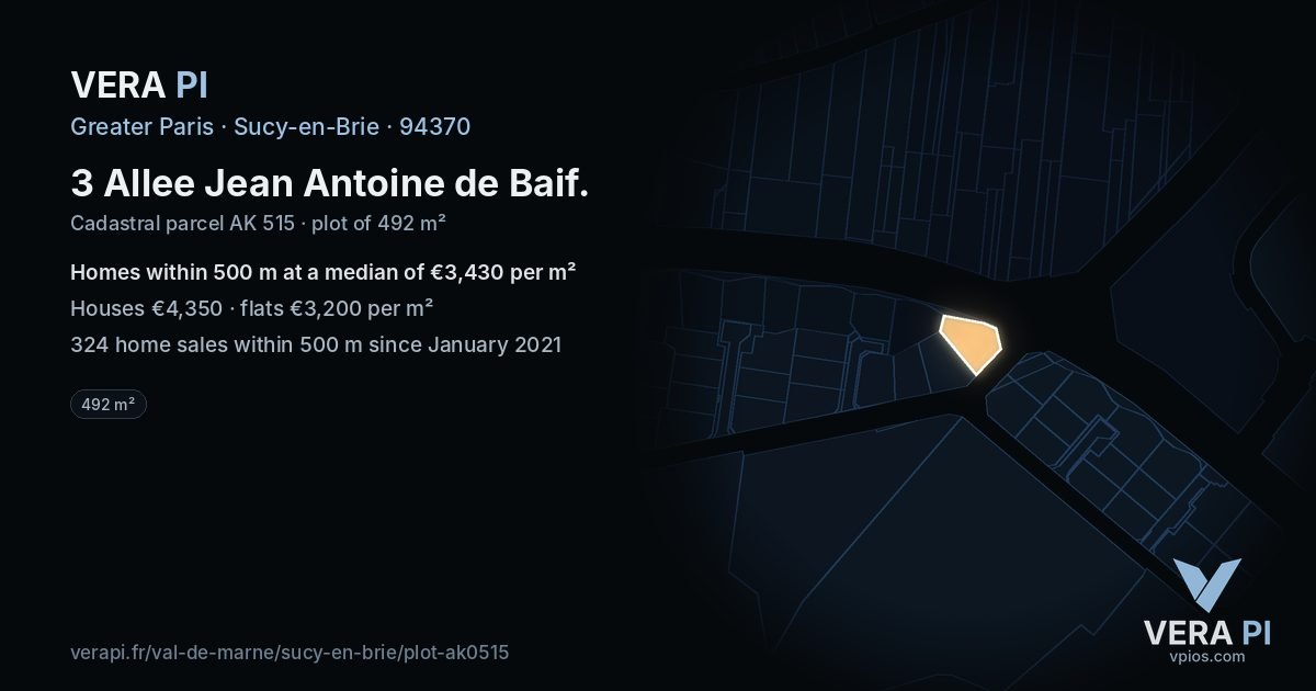 3 Allee Jean Antoine de Baif, Sucy-en-Brie at night – the plot lit, the parcels around coloured by the prices near them