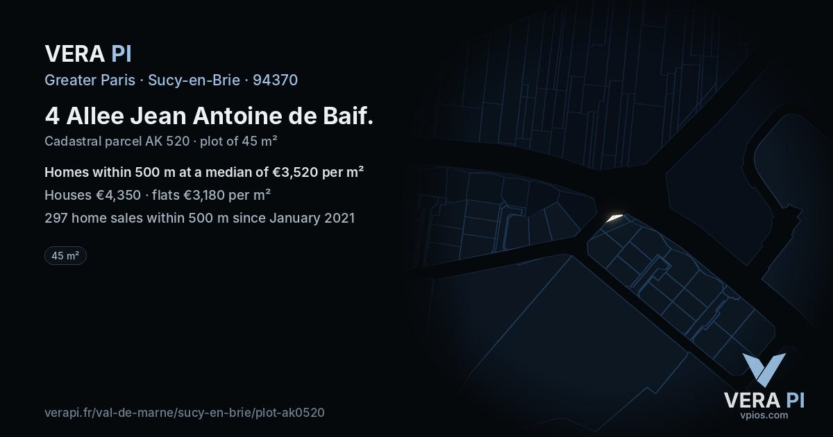 4 Allee Jean Antoine de Baif, Sucy-en-Brie at night – the plot lit, the parcels around coloured by the prices near them
