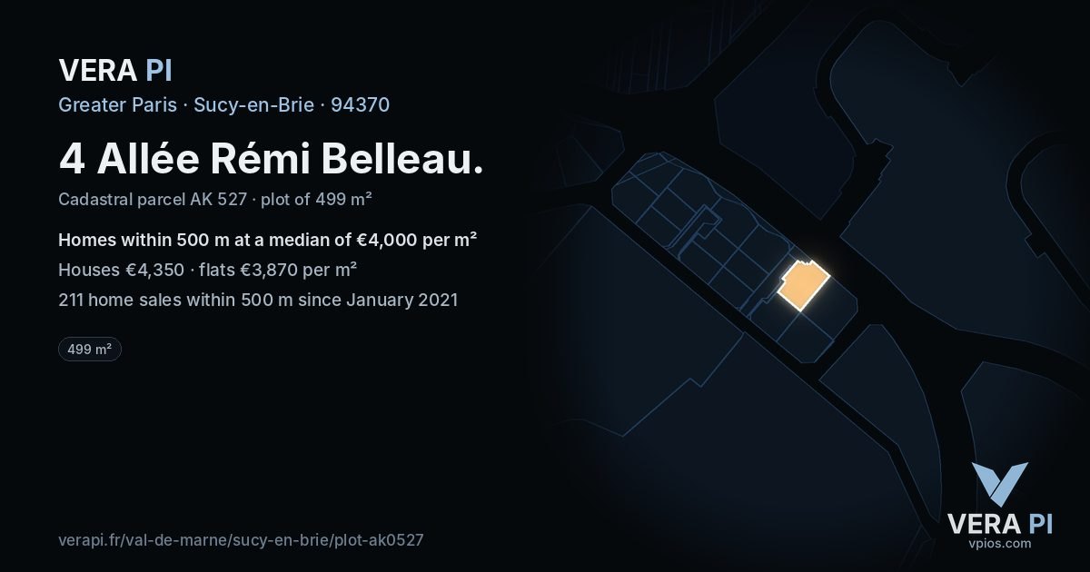 4 Allée Rémi Belleau, Sucy-en-Brie at night – the plot lit, the parcels around coloured by the prices near them