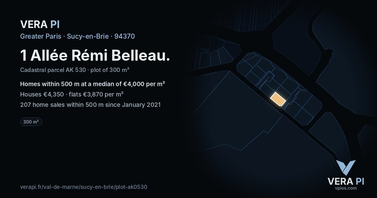 1 Allée Rémi Belleau, Sucy-en-Brie at night – the plot lit, the parcels around coloured by the prices near them