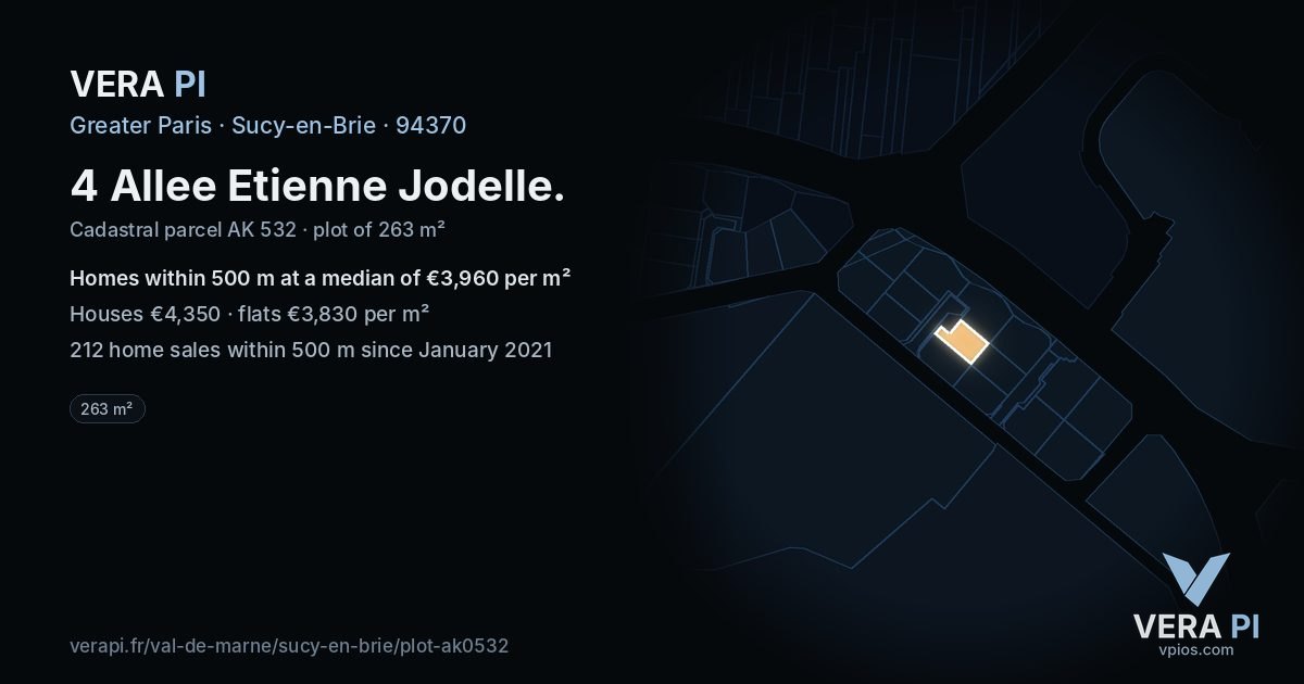 4 Allee Etienne Jodelle, Sucy-en-Brie at night – the plot lit, the parcels around coloured by the prices near them