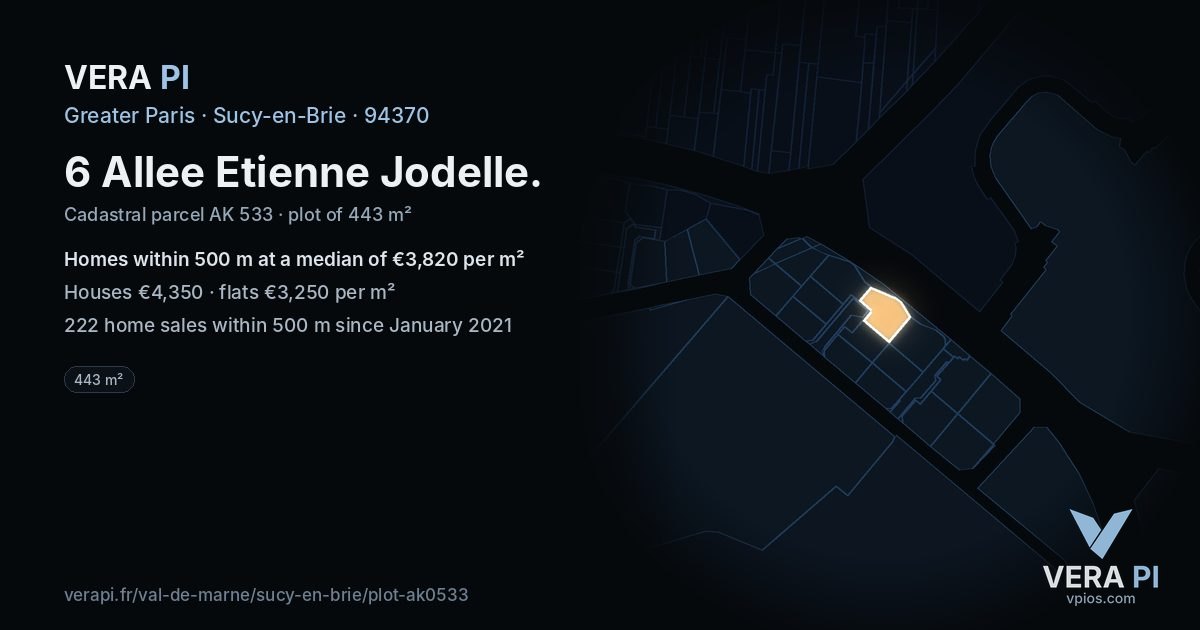 6 Allee Etienne Jodelle, Sucy-en-Brie at night – the plot lit, the parcels around coloured by the prices near them