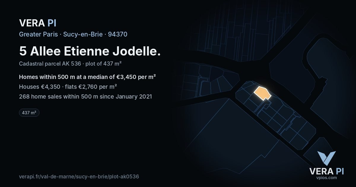5 Allee Etienne Jodelle, Sucy-en-Brie at night – the plot lit, the parcels around coloured by the prices near them