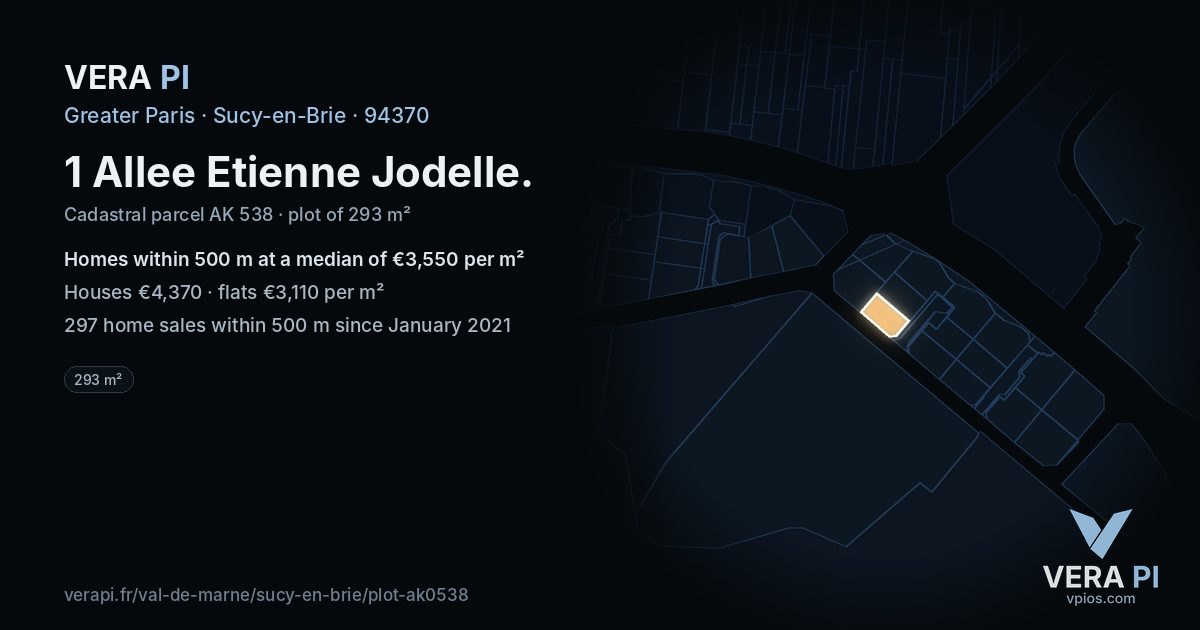 1 Allee Etienne Jodelle, Sucy-en-Brie at night – the plot lit, the parcels around coloured by the prices near them