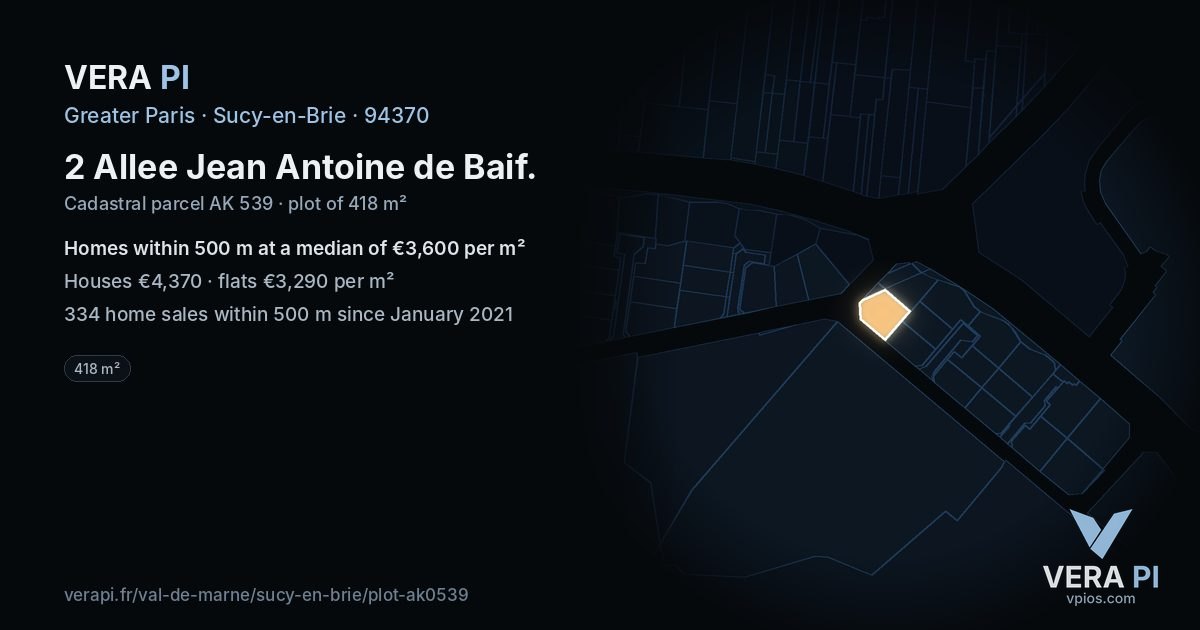 2 Allee Jean Antoine de Baif, Sucy-en-Brie at night – the plot lit, the parcels around coloured by the prices near them