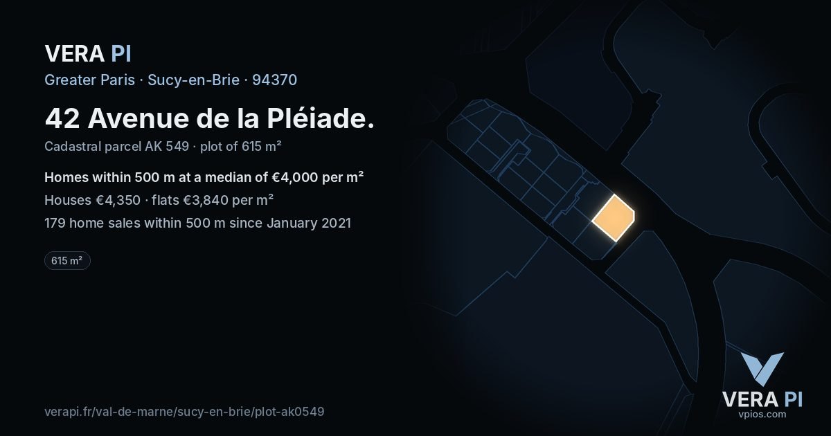 42 Avenue de la Pléiade, Sucy-en-Brie at night – the plot lit, the parcels around coloured by the prices near them