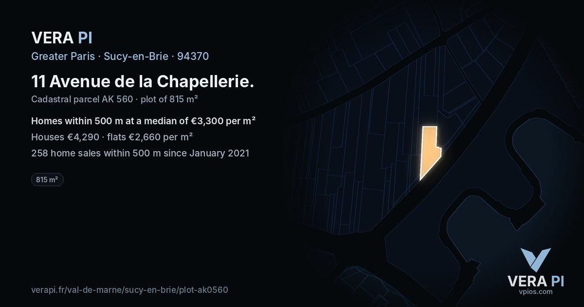 11 Avenue de la Chapellerie, Sucy-en-Brie at night – the plot lit, the parcels around coloured by the prices near them