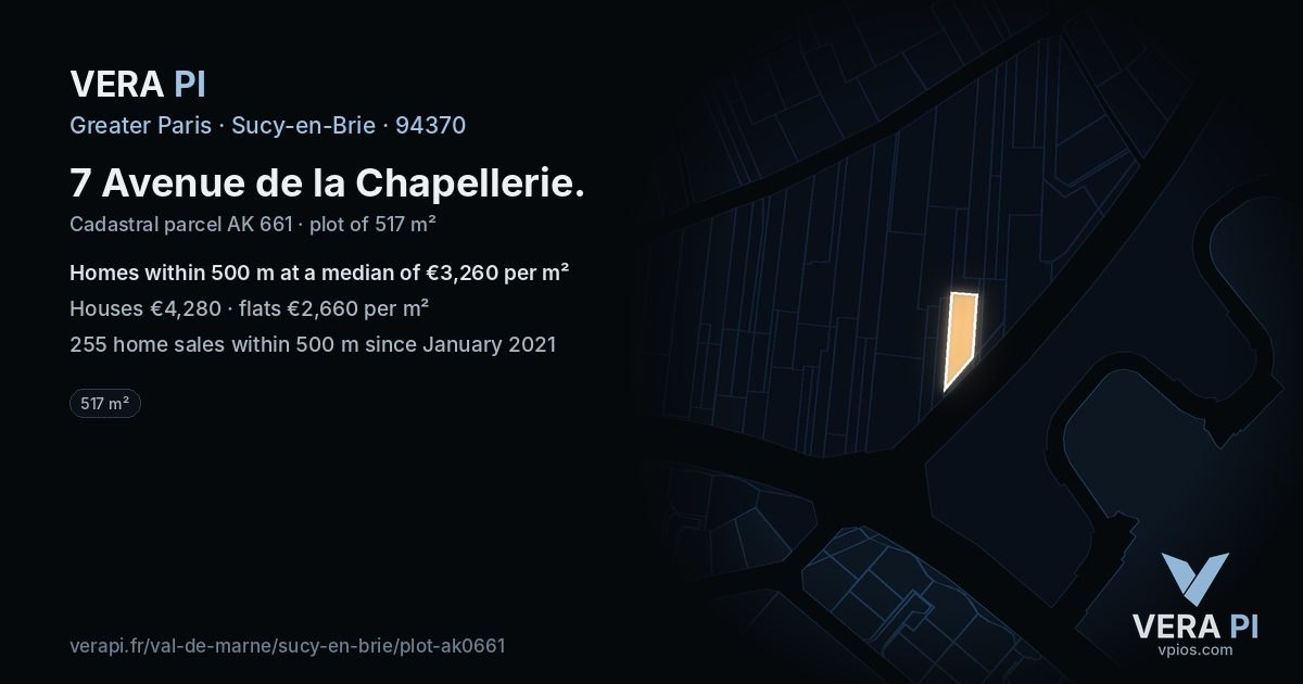 7 Avenue de la Chapellerie, Sucy-en-Brie at night – the plot lit, the parcels around coloured by the prices near them