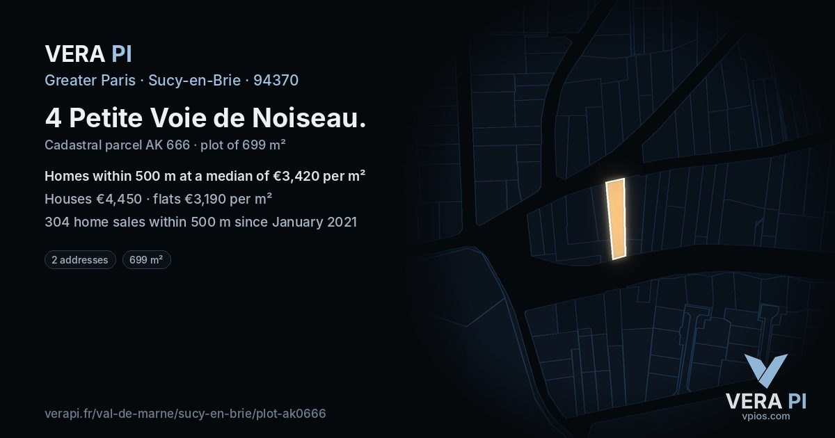 4 Petite Voie de Noiseau, Sucy-en-Brie at night – the plot lit, the parcels around coloured by the prices near them