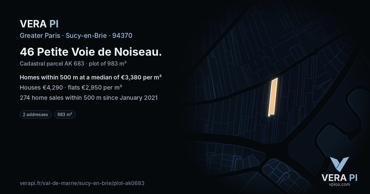 46 Petite Voie de Noiseau, Sucy-en-Brie at night – the plot lit, the parcels around coloured by the prices near them