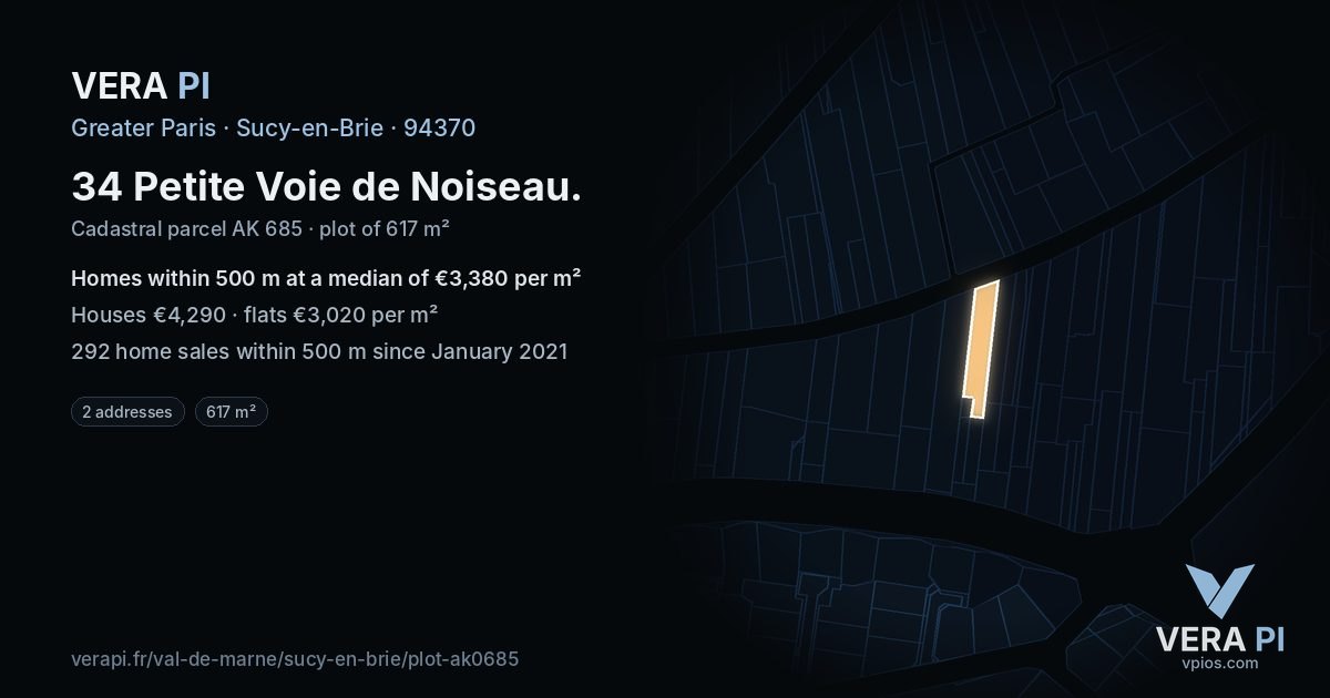 34 Petite Voie de Noiseau, Sucy-en-Brie at night – the plot lit, the parcels around coloured by the prices near them