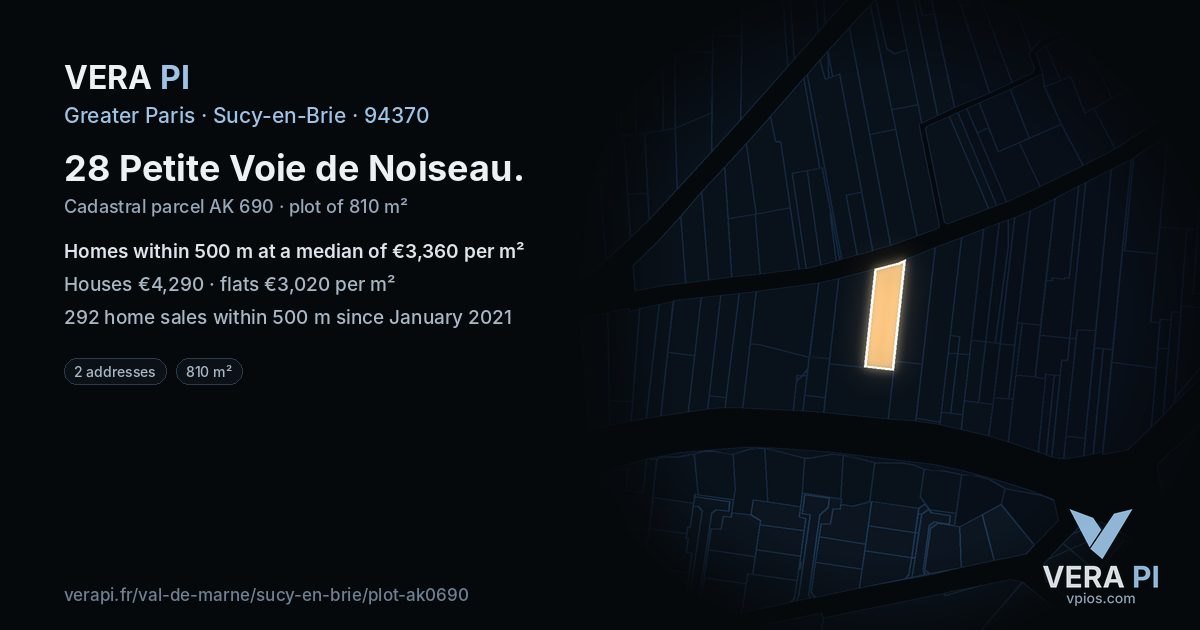 28 Petite Voie de Noiseau, Sucy-en-Brie at night – the plot lit, the parcels around coloured by the prices near them