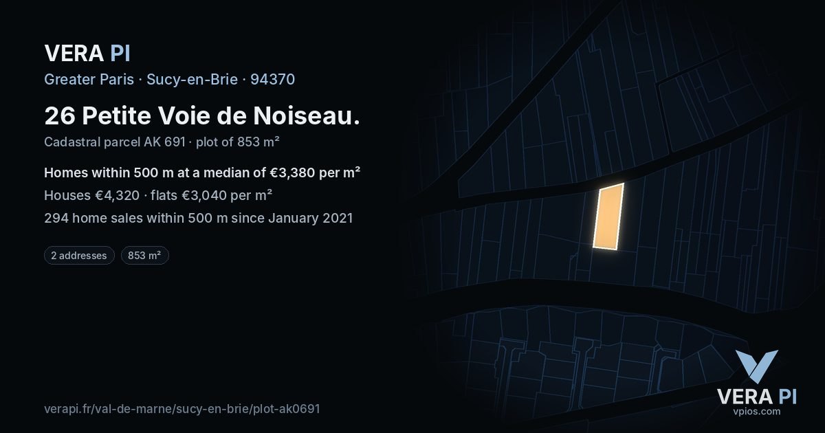 26 Petite Voie de Noiseau, Sucy-en-Brie at night – the plot lit, the parcels around coloured by the prices near them