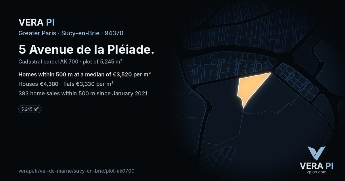 5 Avenue de la Pléiade, Sucy-en-Brie at night – the plot lit, the parcels around coloured by the prices near them