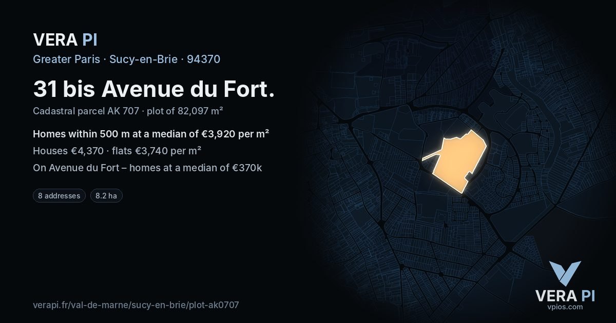 31 bis Avenue du Fort, Sucy-en-Brie at night – the plot lit, the parcels around coloured by the prices near them