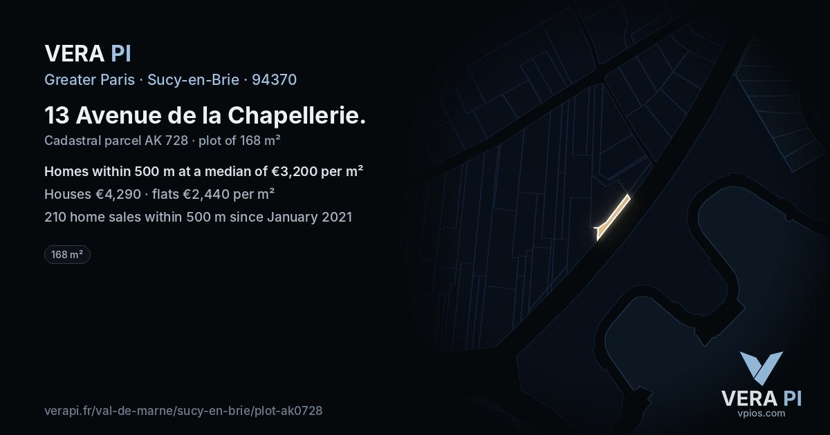 13 Avenue de la Chapellerie, Sucy-en-Brie at night – the plot lit, the parcels around coloured by the prices near them