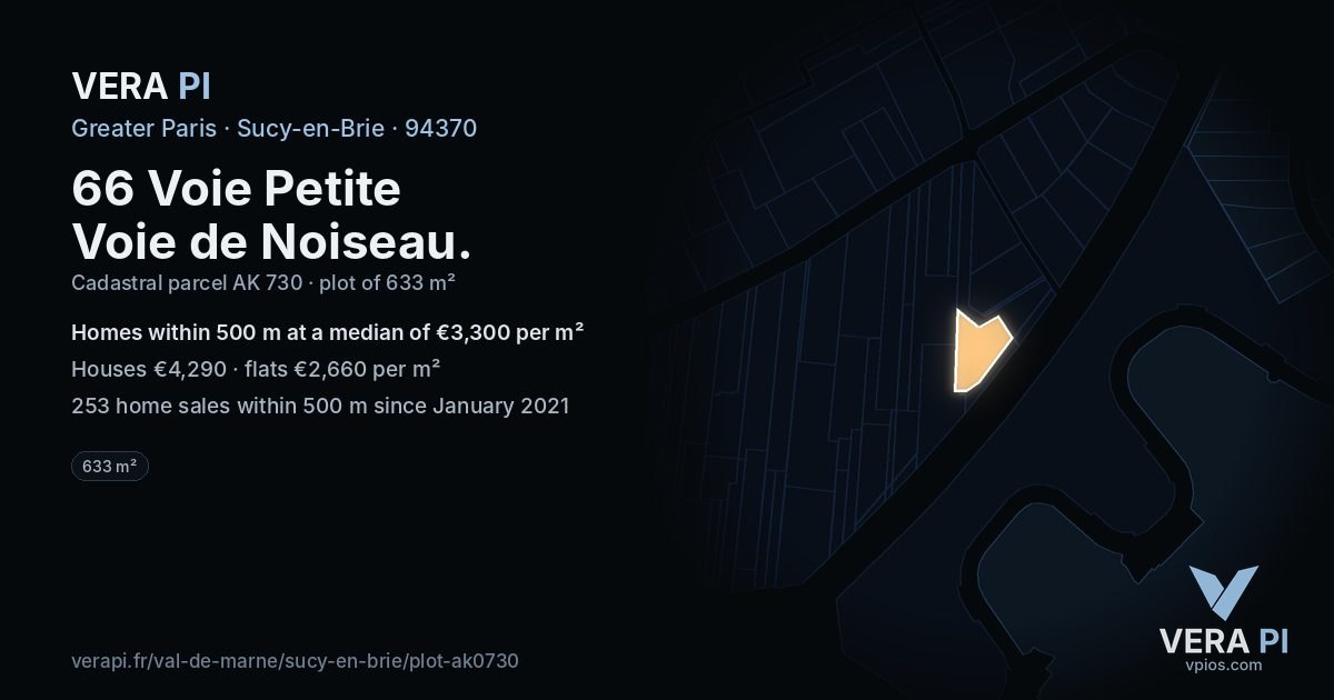 66 Voie Petite Voie de Noiseau, Sucy-en-Brie at night – the plot lit, the parcels around coloured by the prices near them
