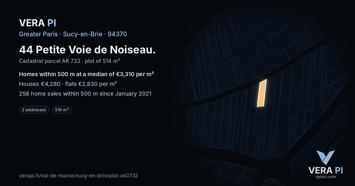 44 Petite Voie de Noiseau, Sucy-en-Brie at night – the plot lit, the parcels around coloured by the prices near them