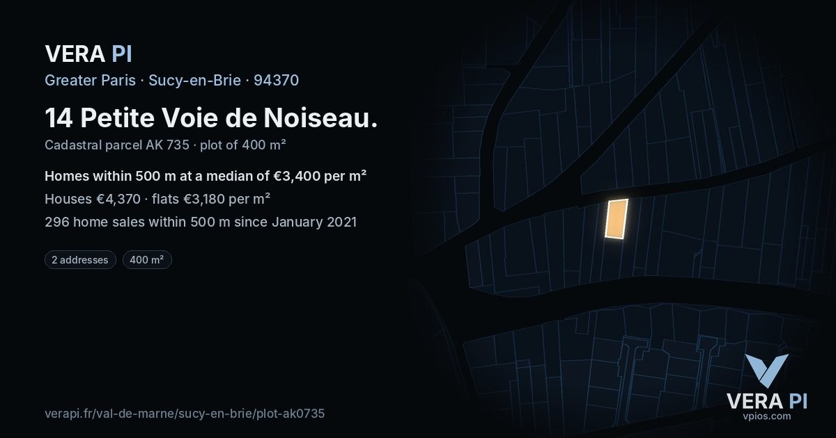 14 Petite Voie de Noiseau, Sucy-en-Brie at night – the plot lit, the parcels around coloured by the prices near them