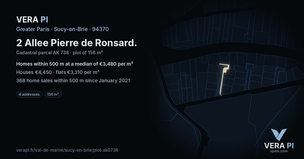 2 Allee Pierre de Ronsard, Sucy-en-Brie at night – the plot lit, the parcels around coloured by the prices near them