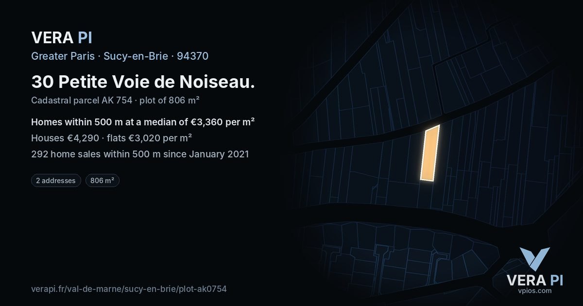 30 Petite Voie de Noiseau, Sucy-en-Brie at night – the plot lit, the parcels around coloured by the prices near them
