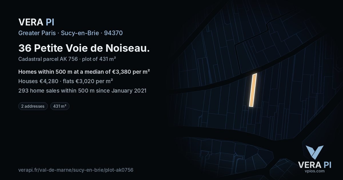 36 Petite Voie de Noiseau, Sucy-en-Brie at night – the plot lit, the parcels around coloured by the prices near them