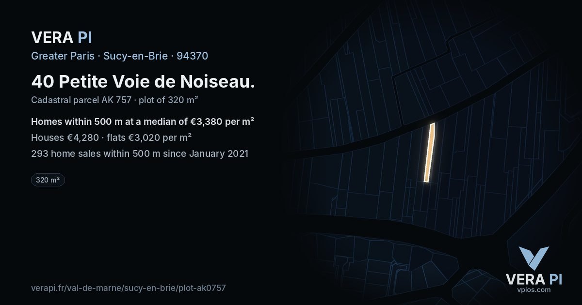 40 Petite Voie de Noiseau, Sucy-en-Brie at night – the plot lit, the parcels around coloured by the prices near them