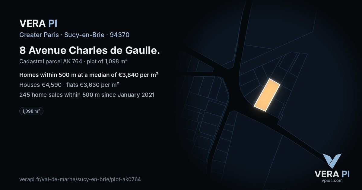 8 Avenue Charles de Gaulle, Sucy-en-Brie at night – the plot lit, the parcels around coloured by the prices near them