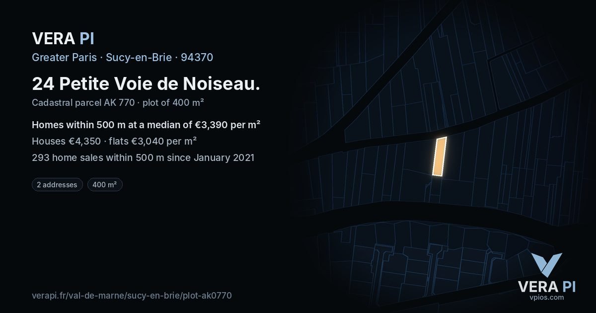 24 Petite Voie de Noiseau, Sucy-en-Brie at night – the plot lit, the parcels around coloured by the prices near them