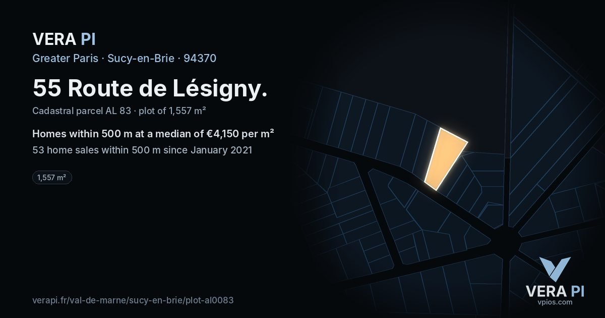 55 Route de Lésigny, Sucy-en-Brie at night – the plot lit, the parcels around coloured by the prices near them