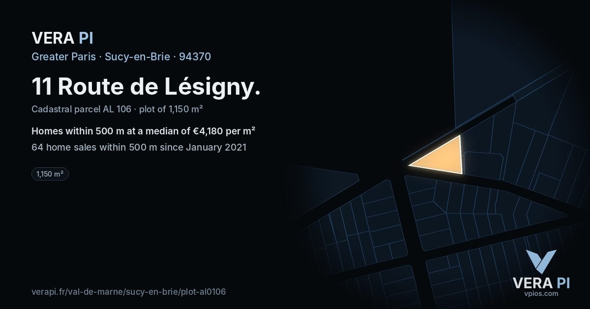 11 Route de Lésigny, Sucy-en-Brie at night – the plot lit, the parcels around coloured by the prices near them
