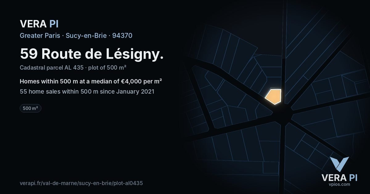 59 Route de Lésigny, Sucy-en-Brie at night – the plot lit, the parcels around coloured by the prices near them