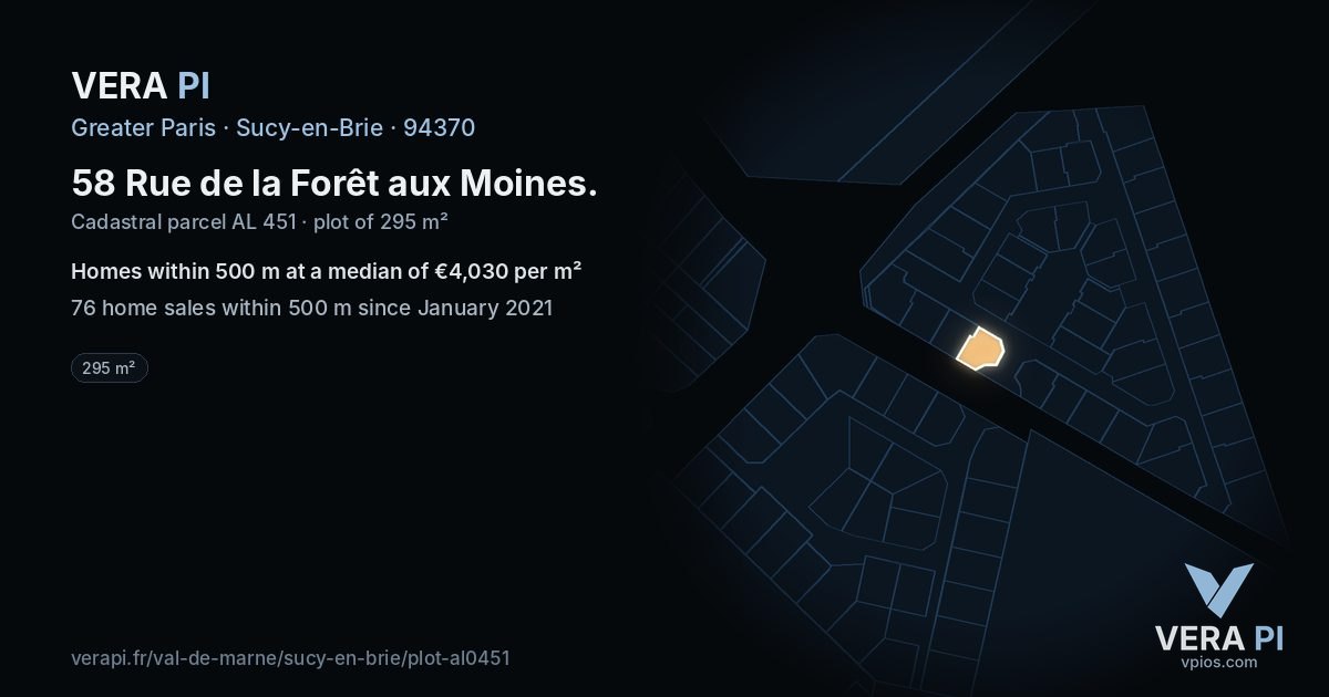 58 Rue de la Forêt aux Moines, Sucy-en-Brie at night – the plot lit, the parcels around coloured by the prices near them