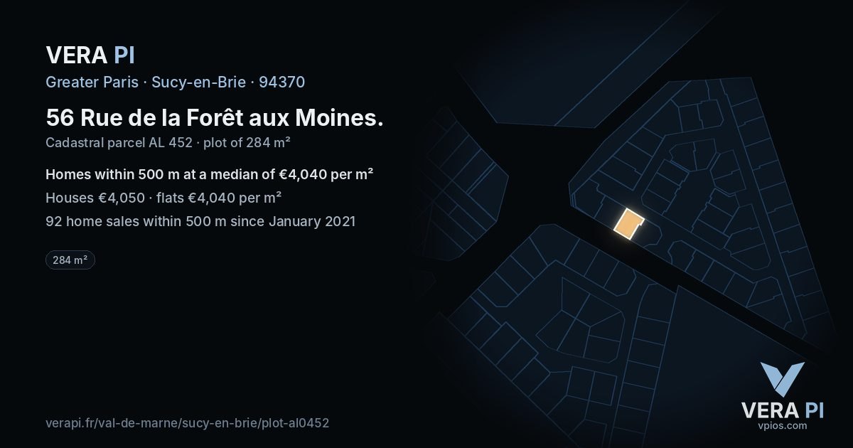 56 Rue de la Forêt aux Moines, Sucy-en-Brie at night – the plot lit, the parcels around coloured by the prices near them