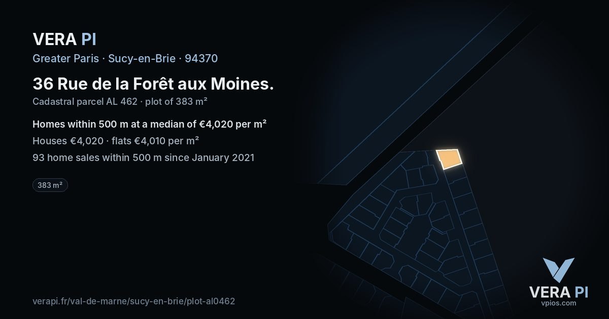 36 Rue de la Forêt aux Moines, Sucy-en-Brie at night – the plot lit, the parcels around coloured by the prices near them
