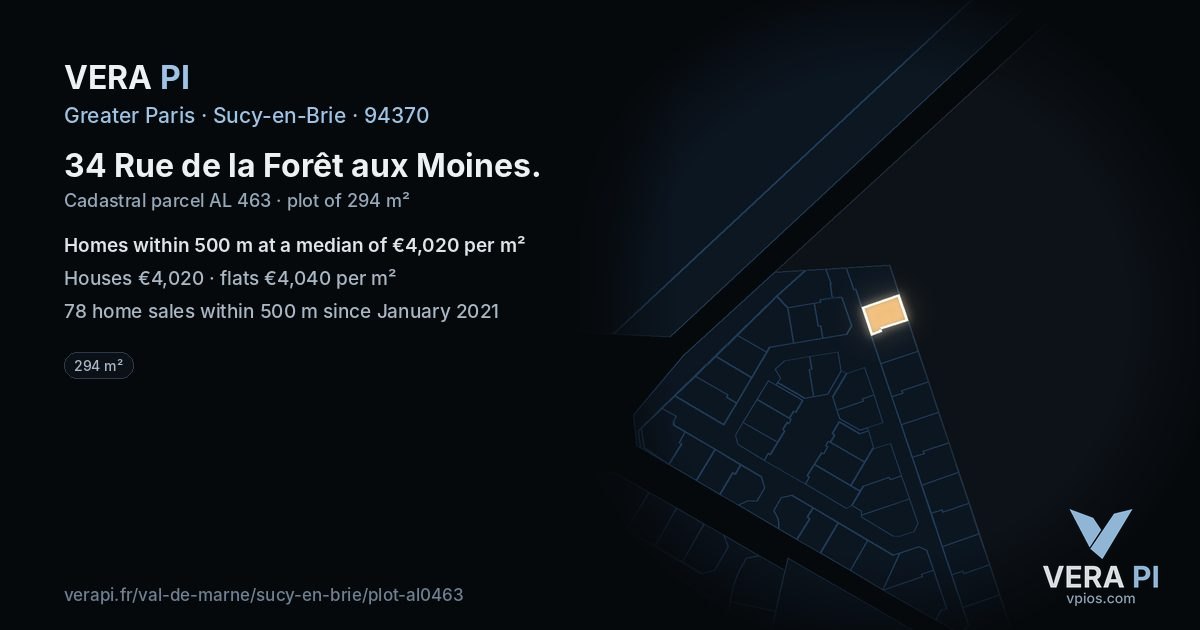 34 Rue de la Forêt aux Moines, Sucy-en-Brie at night – the plot lit, the parcels around coloured by the prices near them