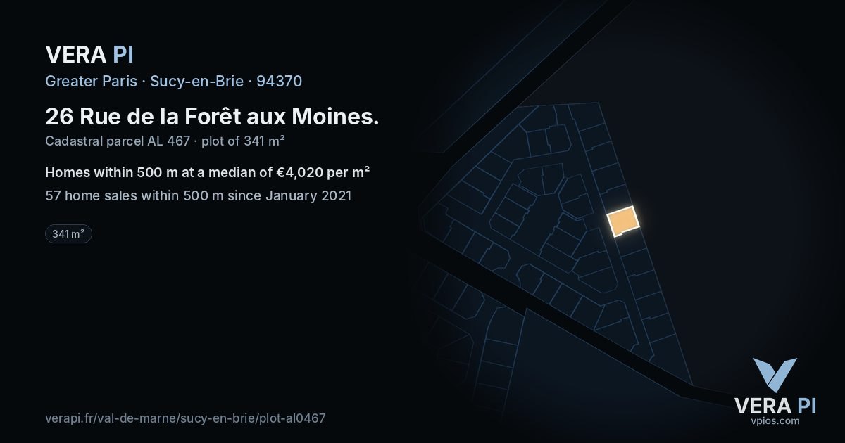 26 Rue de la Forêt aux Moines, Sucy-en-Brie at night – the plot lit, the parcels around coloured by the prices near them