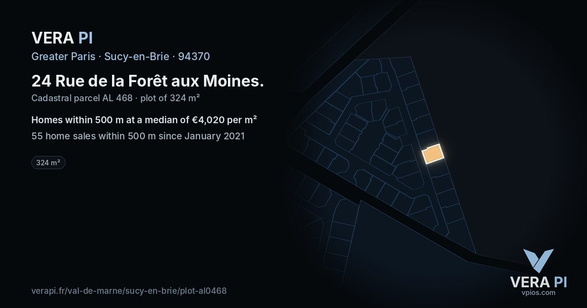 24 Rue de la Forêt aux Moines, Sucy-en-Brie at night – the plot lit, the parcels around coloured by the prices near them