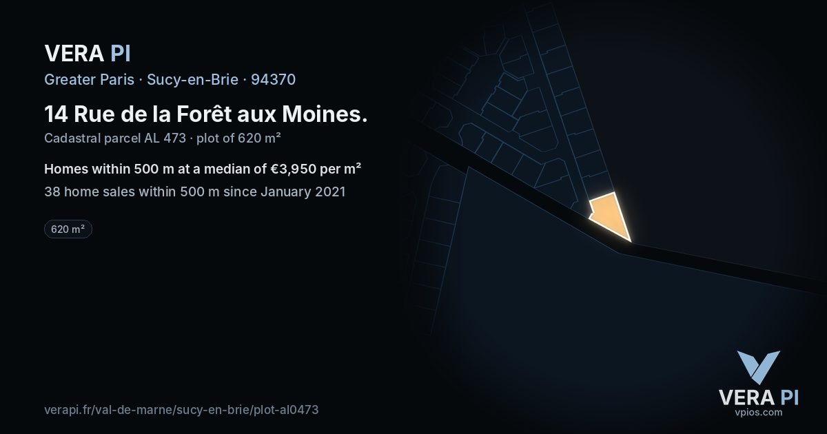 14 Rue de la Forêt aux Moines, Sucy-en-Brie at night – the plot lit, the parcels around coloured by the prices near them