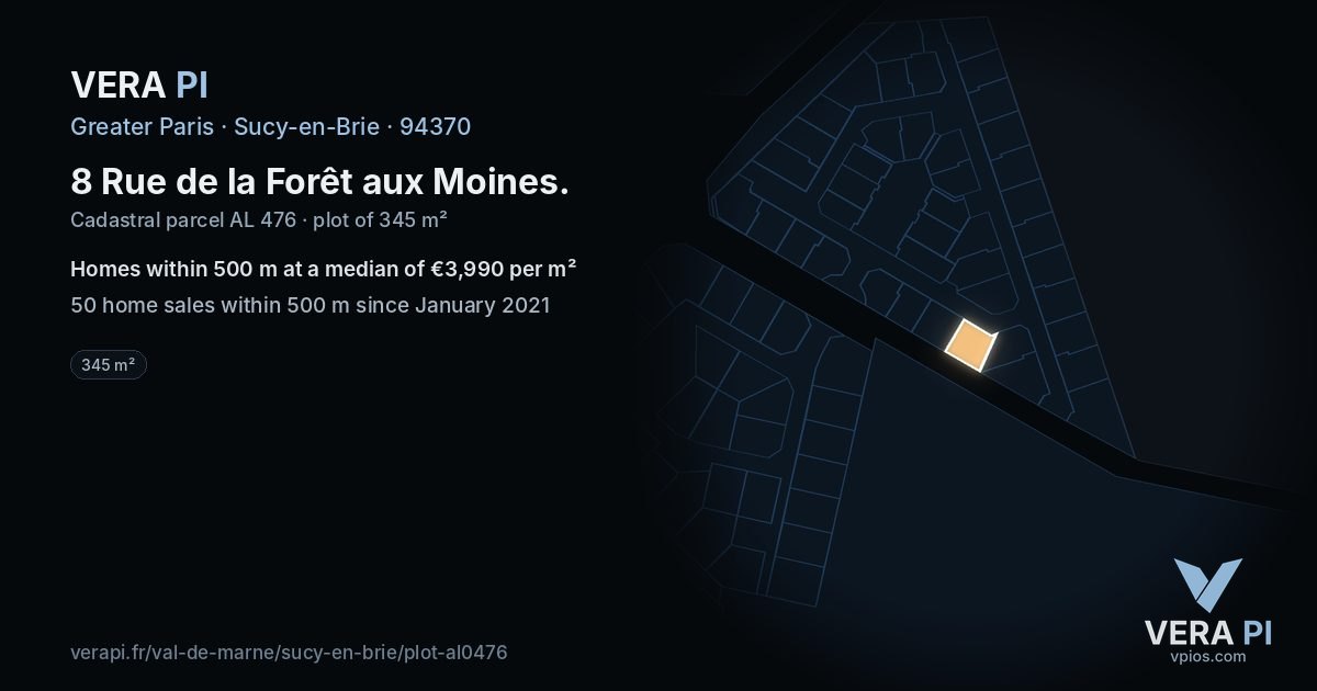 8 Rue de la Forêt aux Moines, Sucy-en-Brie at night – the plot lit, the parcels around coloured by the prices near them