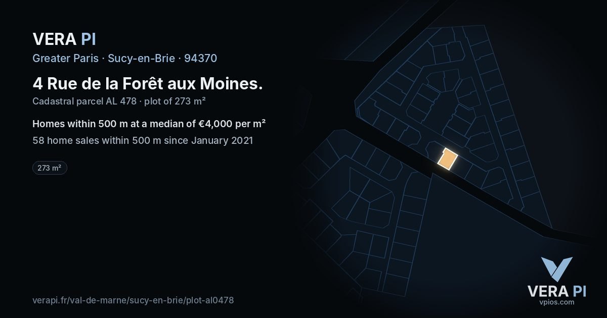 4 Rue de la Forêt aux Moines, Sucy-en-Brie at night – the plot lit, the parcels around coloured by the prices near them