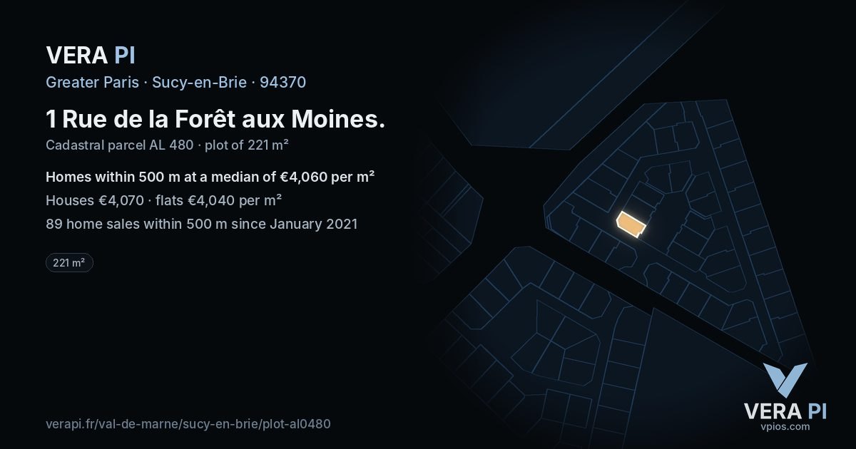 1 Rue de la Forêt aux Moines, Sucy-en-Brie at night – the plot lit, the parcels around coloured by the prices near them