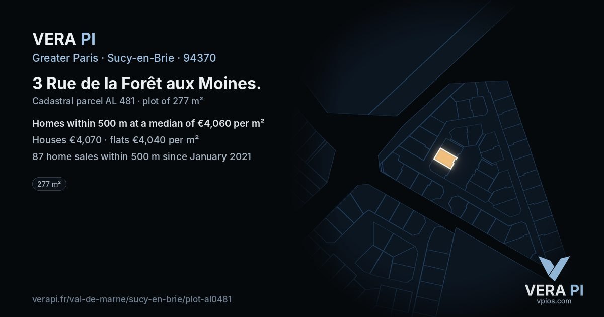 3 Rue de la Forêt aux Moines, Sucy-en-Brie at night – the plot lit, the parcels around coloured by the prices near them