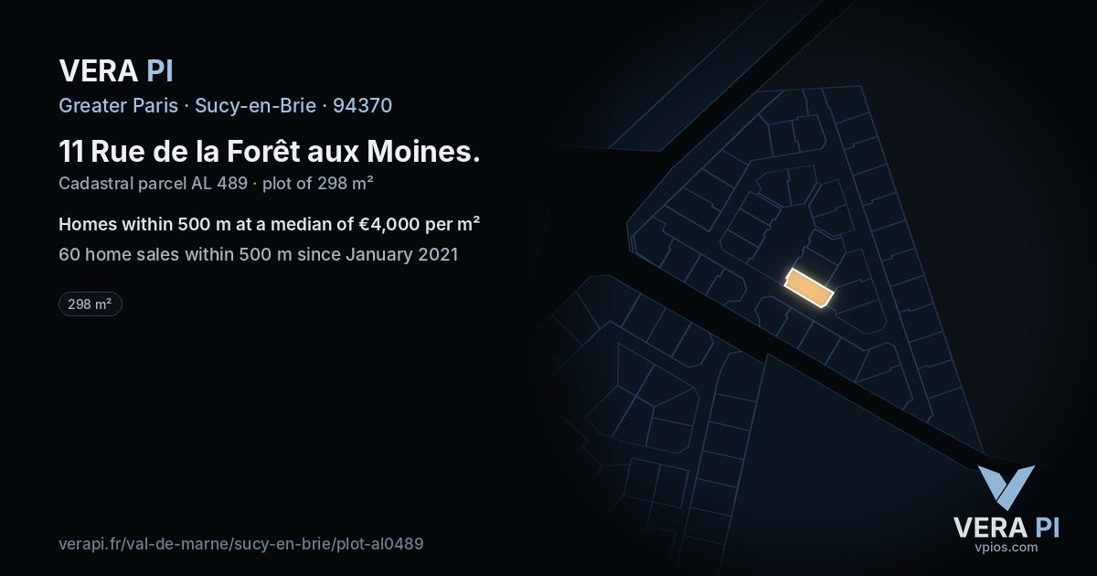 11 Rue de la Forêt aux Moines, Sucy-en-Brie at night – the plot lit, the parcels around coloured by the prices near them