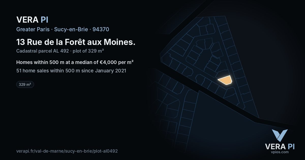13 Rue de la Forêt aux Moines, Sucy-en-Brie at night – the plot lit, the parcels around coloured by the prices near them