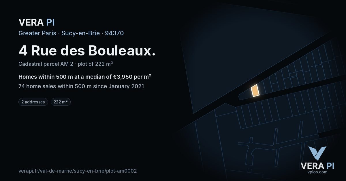 4 Rue des Bouleaux, Sucy-en-Brie at night – the plot lit, the parcels around coloured by the prices near them