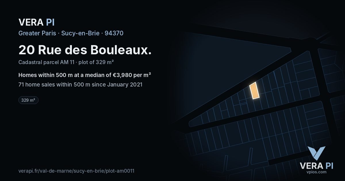 20 Rue des Bouleaux, Sucy-en-Brie at night – the plot lit, the parcels around coloured by the prices near them