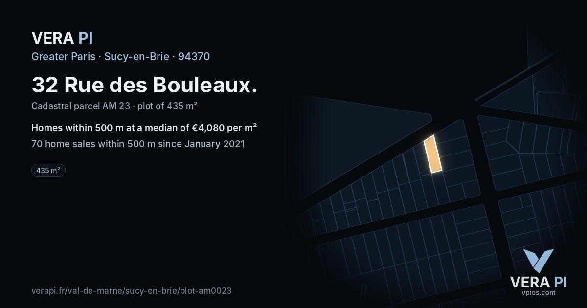 32 Rue des Bouleaux, Sucy-en-Brie at night – the plot lit, the parcels around coloured by the prices near them