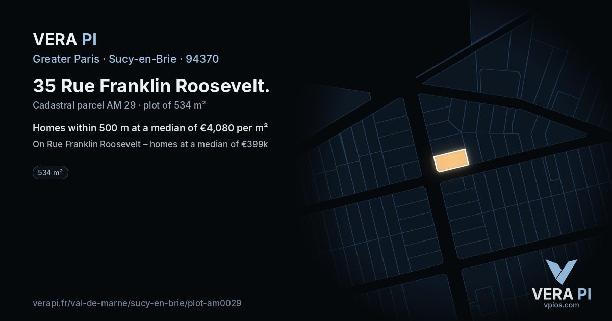 35 Rue Franklin Roosevelt, Sucy-en-Brie at night – the plot lit, the parcels around coloured by the prices near them