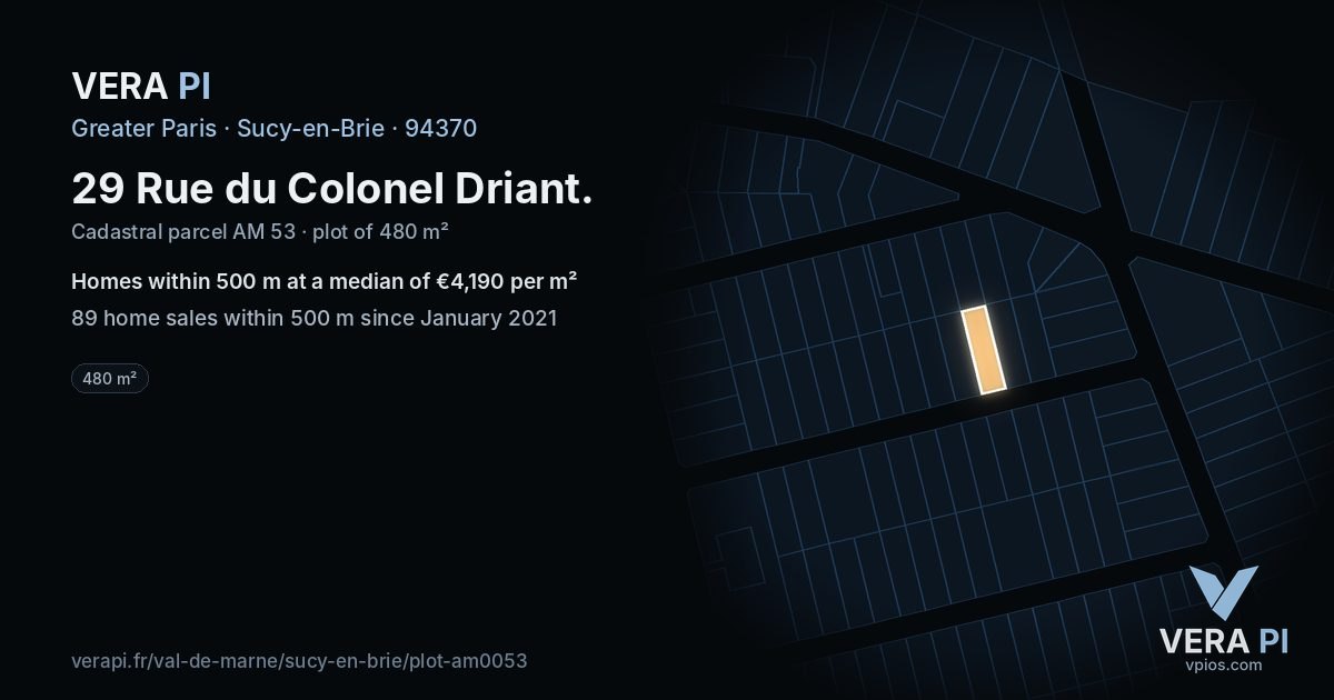 29 Rue du Colonel Driant, Sucy-en-Brie at night – the plot lit, the parcels around coloured by the prices near them